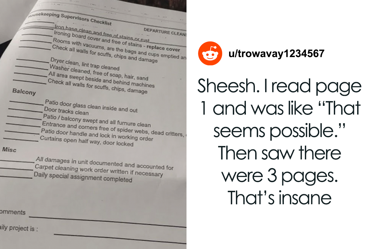 Housekeeper Getting 12/Hour Receives A Checklist With 85 Tasks She Has To Complete In An Hour