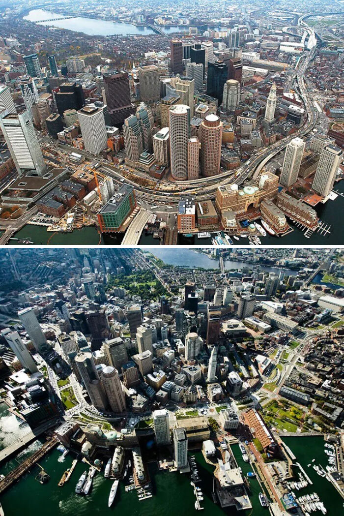 Boston - Carretera elevada trasladada al subsuelo y sustituida por un espacio verde (década de los 90 vs década de los 2010)