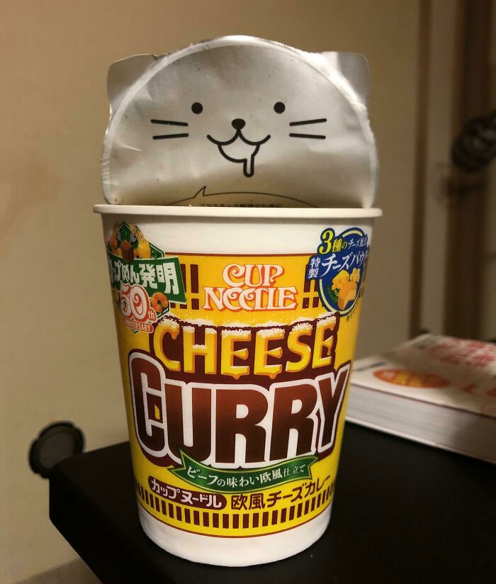 My Cup Noodles Lid Is A Cat That Greets You When You Open It Halfway