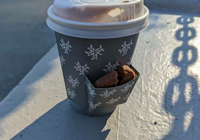 Coffee Cup Jacket With A Built-In Cookie Pocket