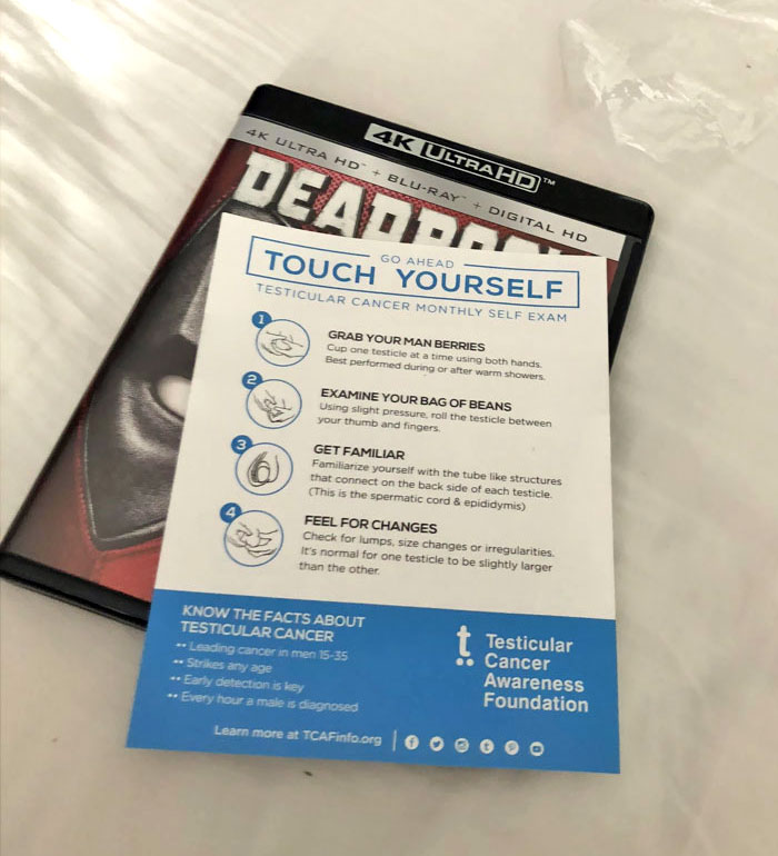 My Copy Of Deadpool Came With A Testicular Cancer Test On The Back Of The Paper With The iTunes Code