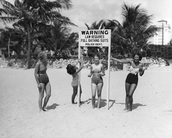 Miami Beach 1934 My Mother Is The Young Lady Directly Under The Sign With The Straps Of Her Suit Pulled Down. The Picture Ran In The Miami Herald And LED To Her And 2 Of The Others Getting Arrested. Her Name Was Helen A Clark And She Was 15. Just Thought You'd Enjoy Knowing That. (Btw- She Did Not Reveal That Until I, Her Wild Teenaged Son, Was Npo ;longer A Teenager)