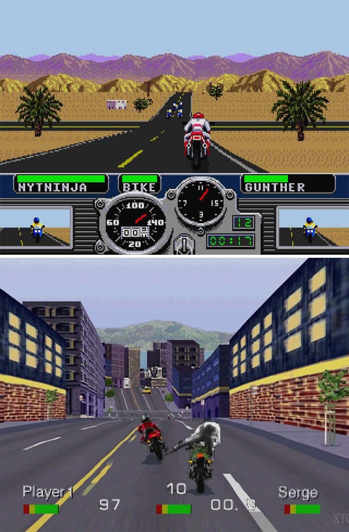 Split screen showing retro video games with motorcycle racing scenes in desert and city environments.