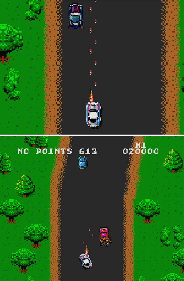 Pixelated retro video game cars shooting on a road surrounded by green trees in classic arcade style.