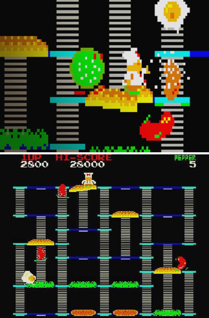 Screenshot of a retro video game featuring a chef character navigating platforms and avoiding obstacles in pixel art style.