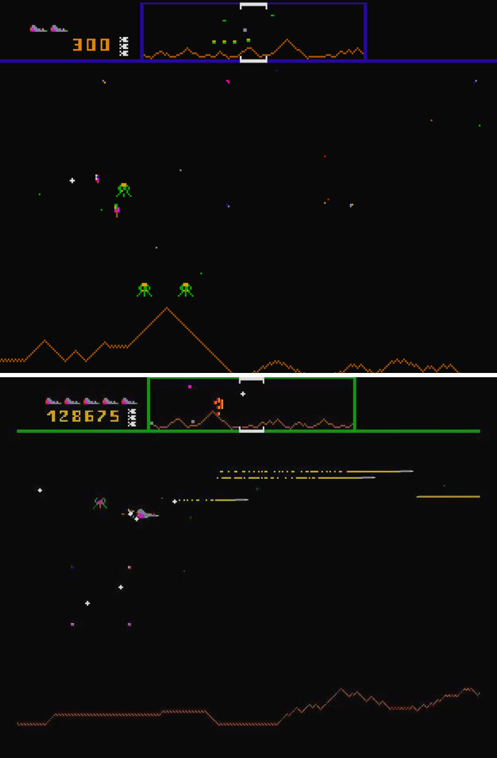 Screenshots of a retro video game with pixelated space invaders and classic arcade-style gameplay scenes.