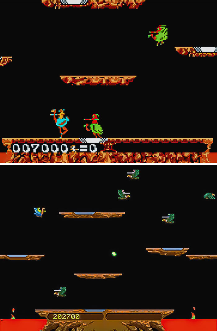 Screenshots of retro video games with pixelated characters and platforms in classic 8-bit style gameplay design.
