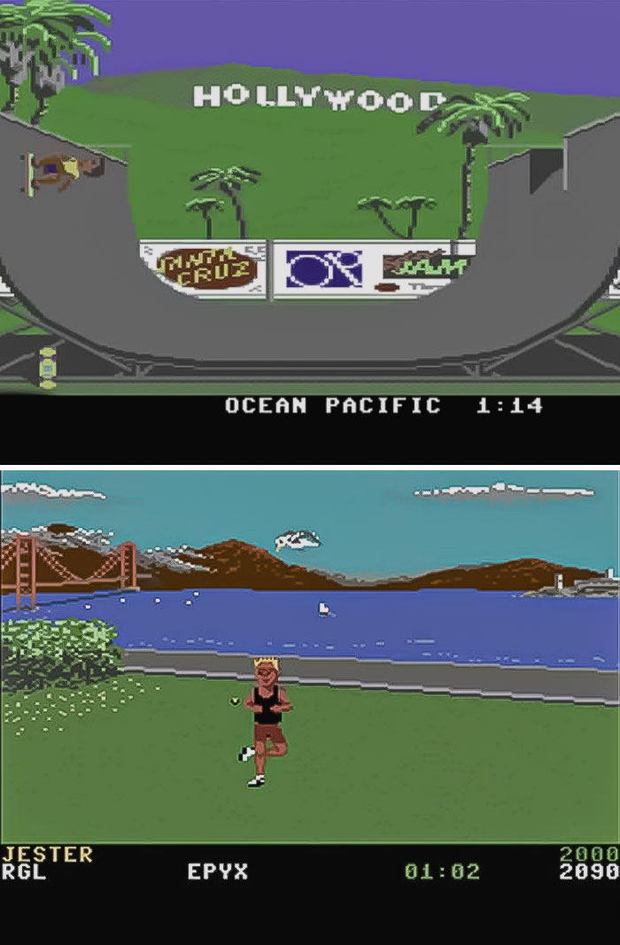 Retro video game scenes showing pixelated skateboarding and jogging in classic 8-bit style graphics.