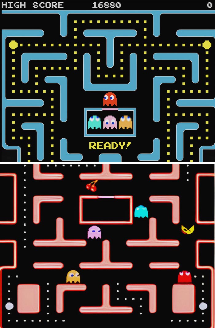 Two versions of Ms. Pac-Man gameplay 