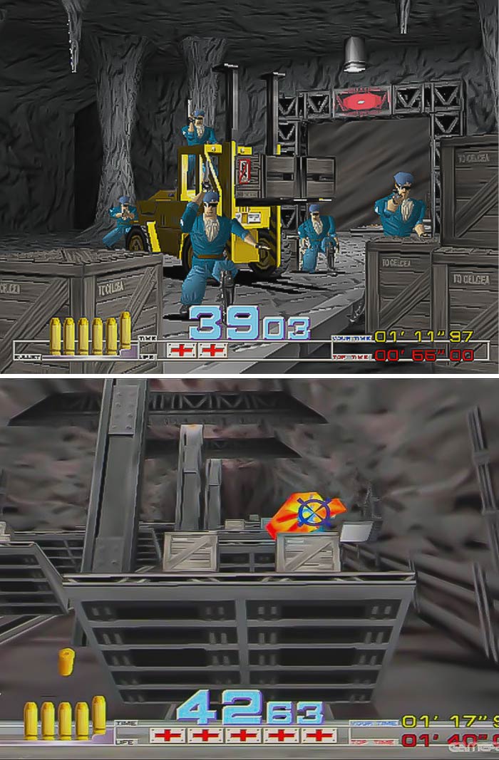 Retro video game scene showing armed soldiers in a warehouse with crates and a forklift, classic arcade shooter gameplay.