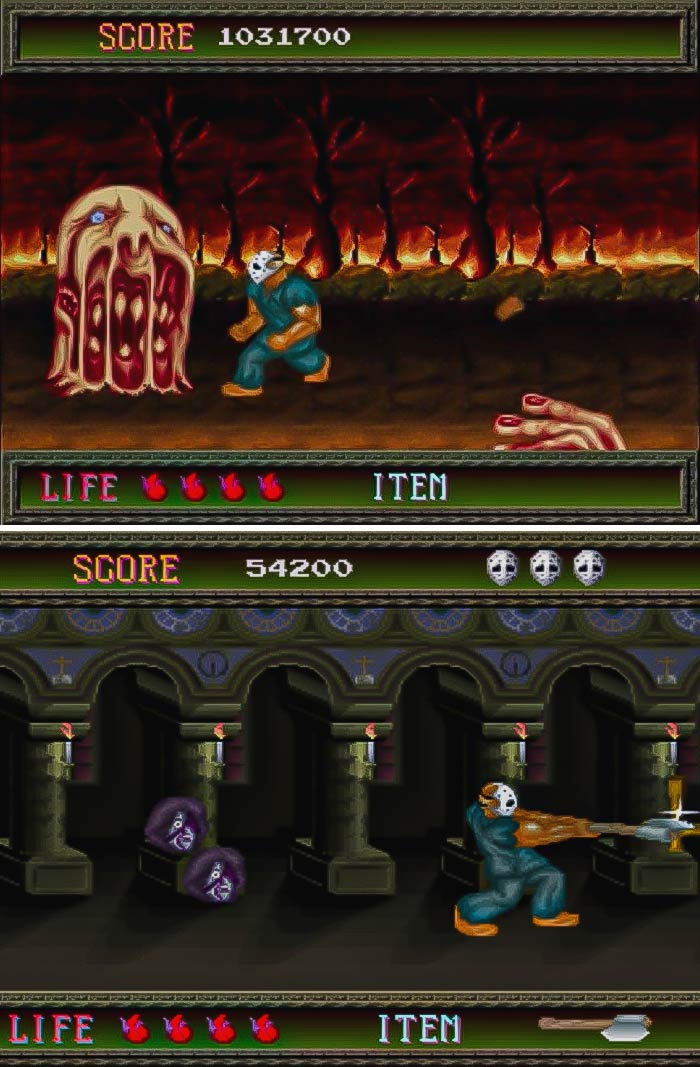 Retro video game scenes showing a masked character fighting monsters in a dark, fiery, and medieval setting.