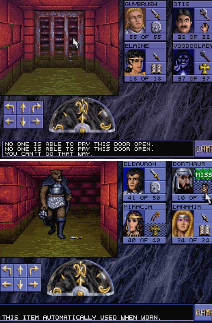 Retro video game dungeon interface showing character stats, inventory, and 3D pixelated monster in a maze hallway.