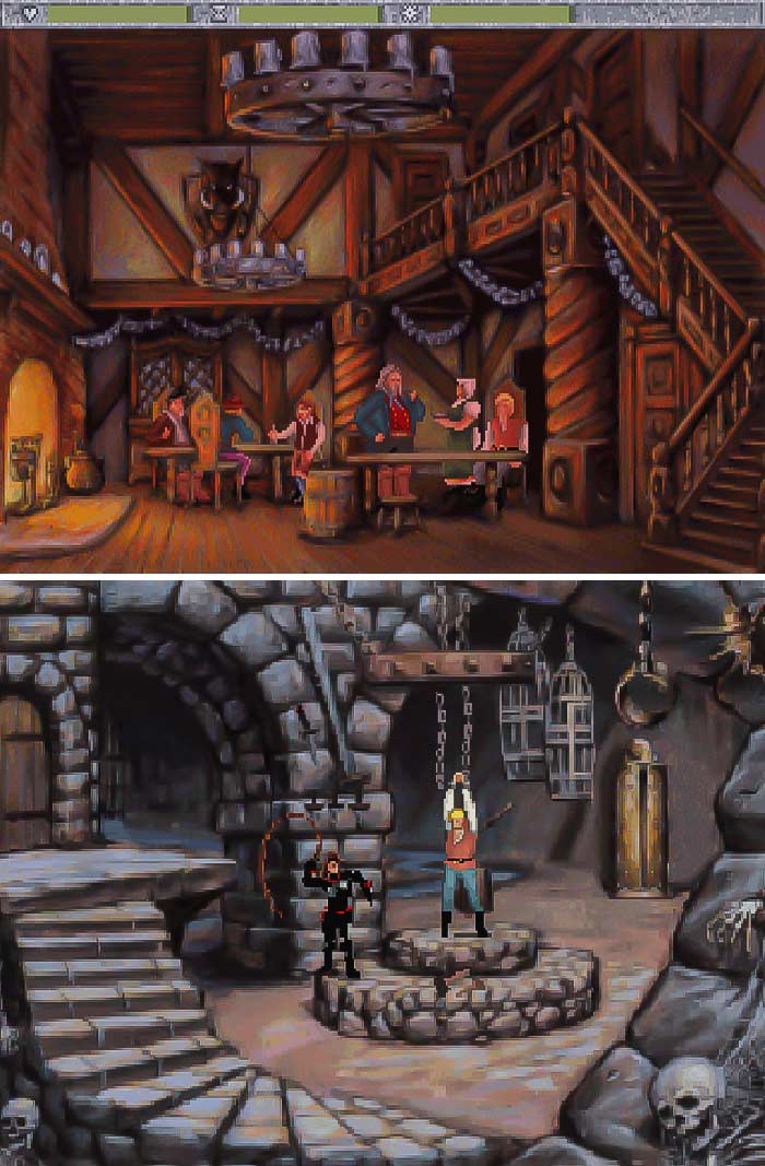Retro video game scenes showing a medieval tavern and a dungeon with pixel art characters and detailed backgrounds.