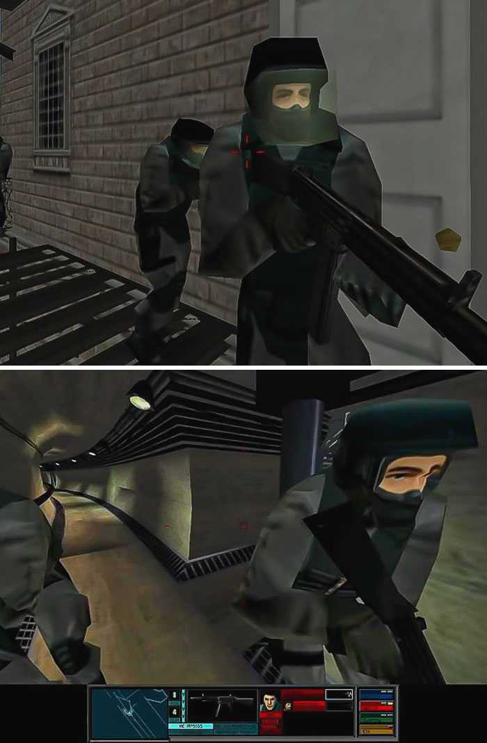 Retro video game scenes showing armed soldiers in tactical gear navigating urban and indoor environments.