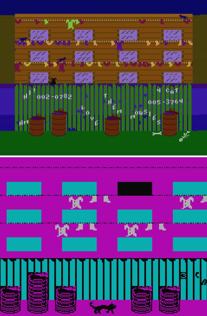 Pixelated scenes from classic retro video games featuring cats climbing buildings and fences in vibrant colors.
