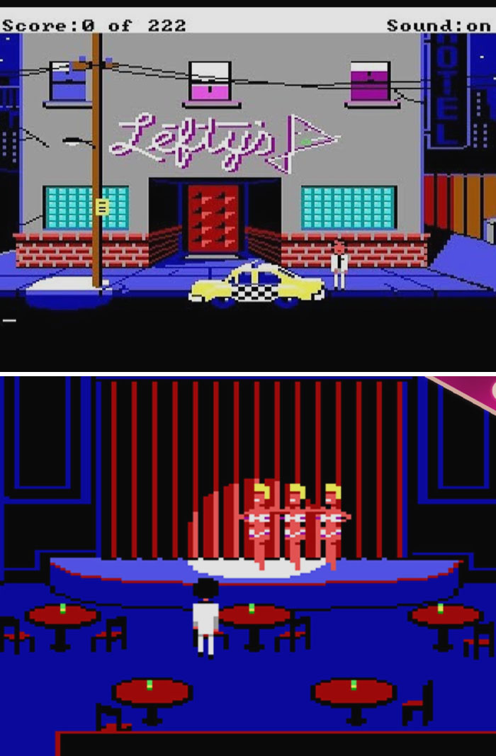 Screenshots of retro video games featuring pixel art scenes outside a motel and inside a club with dancers on stage.