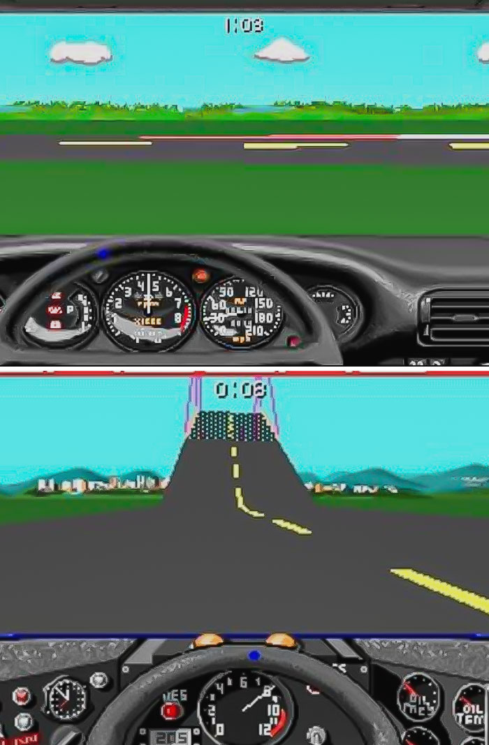 Screenshots of retro video games showing vintage car racing views with dashboard and road in pixel art style.