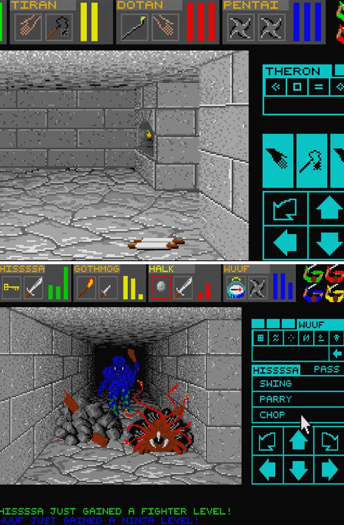 Retro video game dungeon crawler with pixelated monsters, character stats, and classic interface from 90s video games.