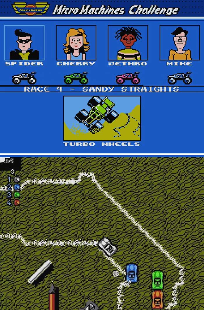 Retro video game screen showing pixelated characters and cars racing on a dirt track with vintage graphics.