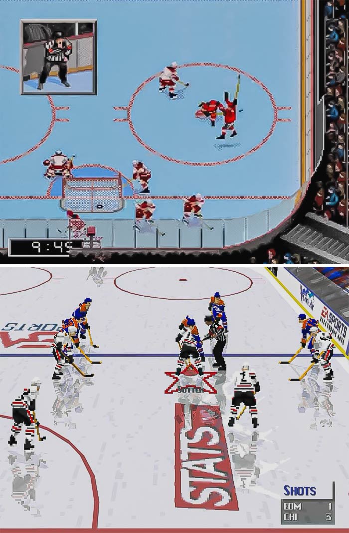 Two retro video games showing pixelated ice hockey matches on classic gaming consoles.