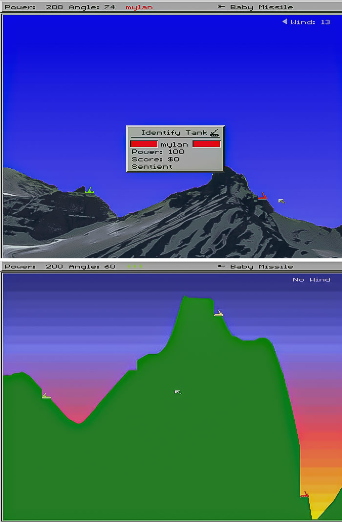 Retro video game screens showing tank battles on mountainous terrain with power and angle settings for missile attacks.