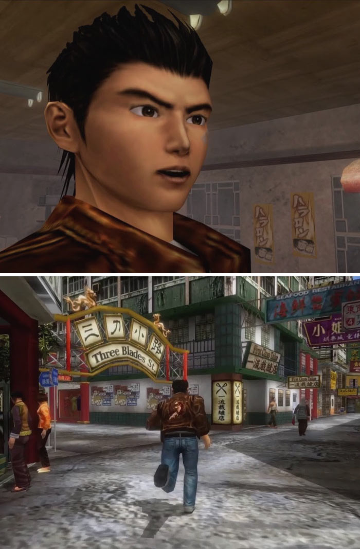 Character from retro video game running through a detailed urban street scene with Asian-style signage and buildings.