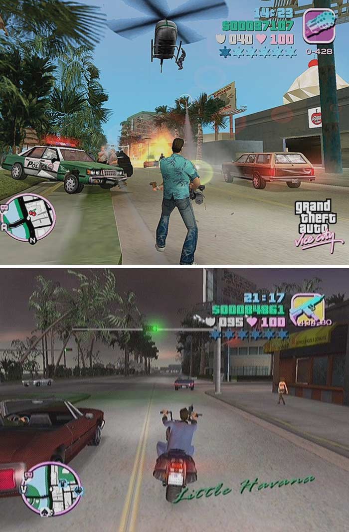 Screenshots from a retro video game featuring open-world action and driving scenes in a vibrant city setting.