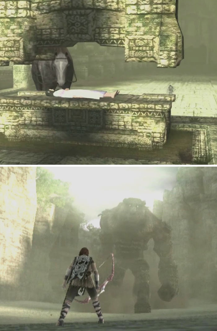Retro video game scenes featuring an ancient stone temple and a giant colossus battle from classic adventure gameplay.