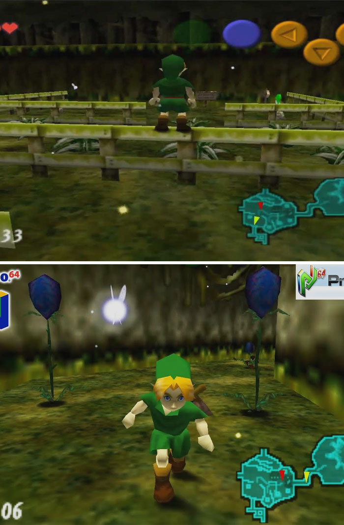 Gameplay scenes from a retro video game featuring a green-clad character exploring forests and dungeons on a classic console.
