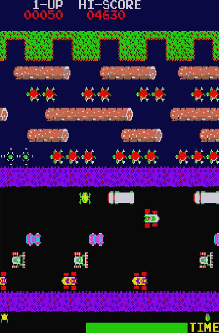 Retro video game screen featuring a frog crossing a busy road with cars and logs in a pixelated style.