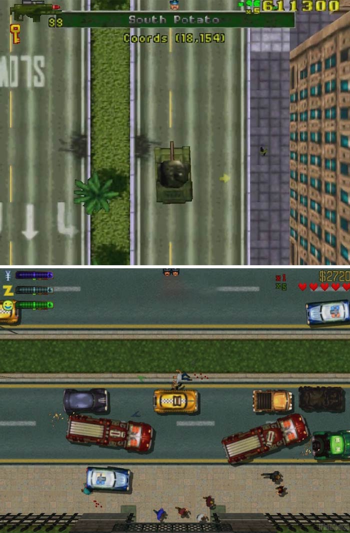 Top-down view of pixelated vehicles and characters in a classic retro video game scene with urban streets and traffic.