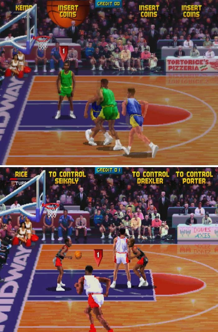 Retro video games basketball arcade gameplay showing pixelated players on a court with crowd in the background.