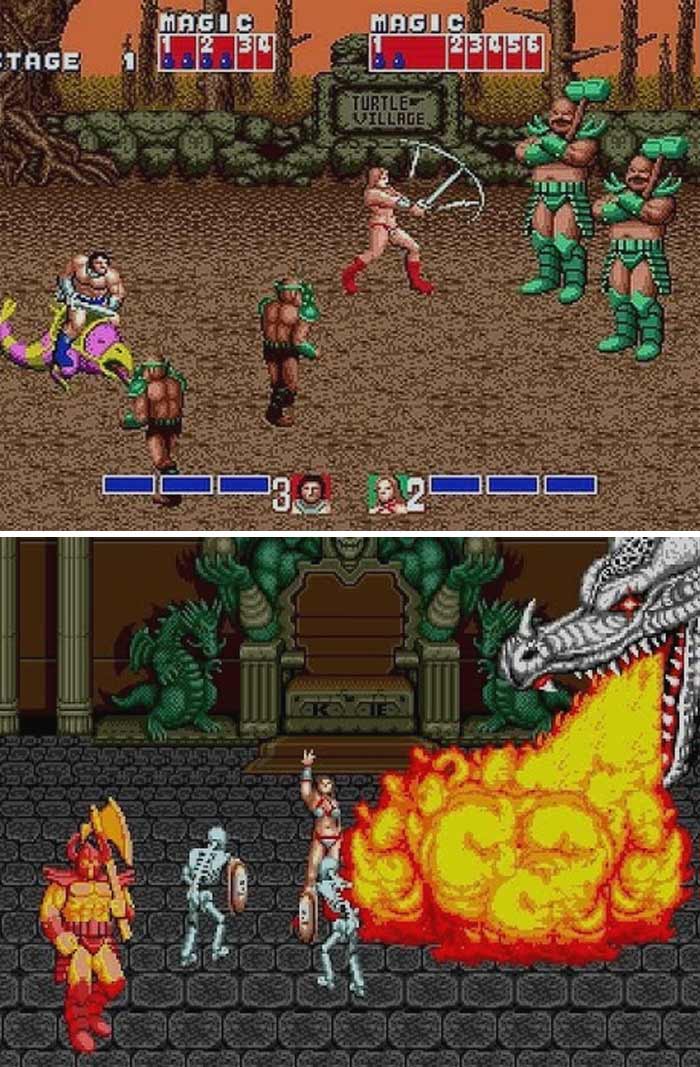 Screenshots from retro video games featuring fantasy battles with warriors, skeletons, and a fire-breathing dragon.
