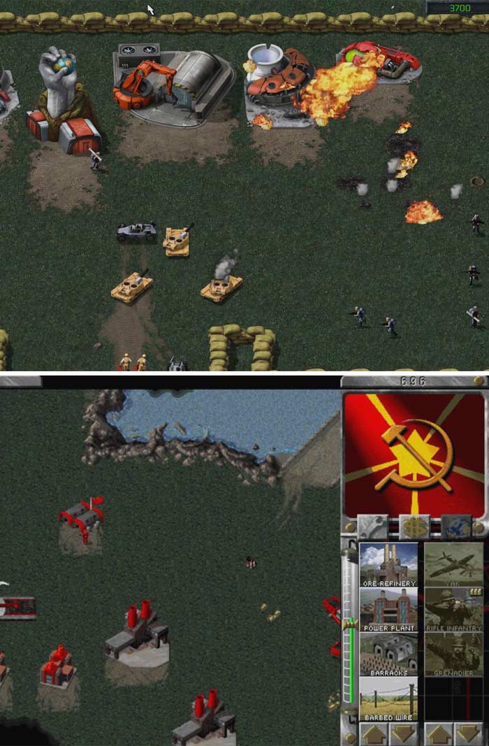 Retro video game gameplay featuring tanks, explosions, and base-building in a classic strategy game scene.