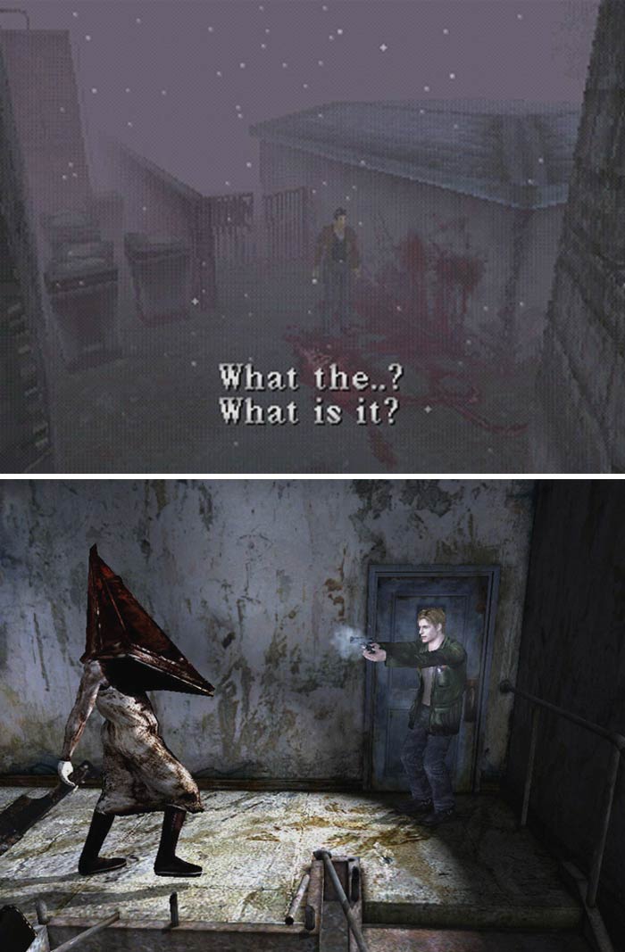 Retro video game scenes showing pixelated character and iconic monster in a dark, eerie environment from classic horror games.