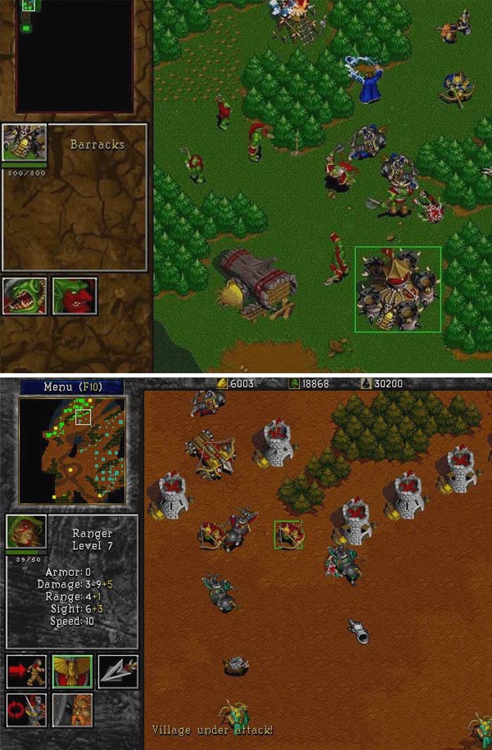 Retro video games gameplay screens showing classic strategy battles and pixel-art graphics from the good old days.