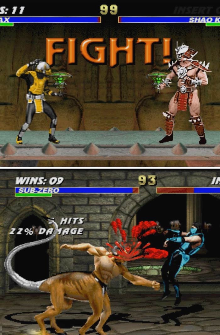 Retro video games fighting scenes showing classic characters in action with health bars and damage indicators visible.