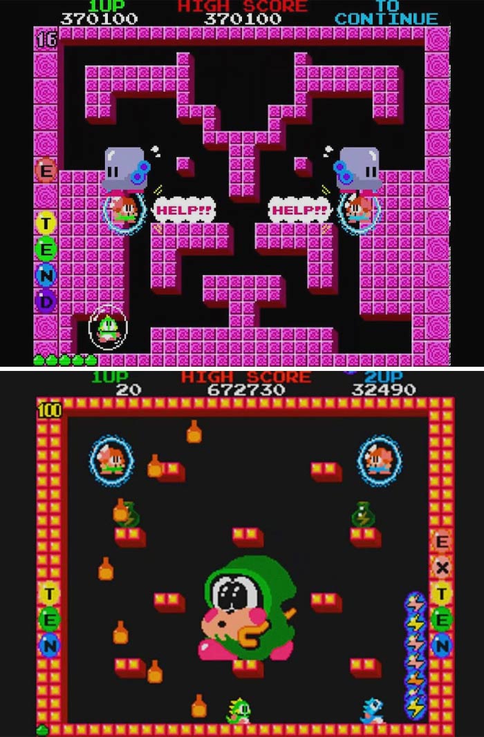 Screenshots from retro video games with colorful pixel art and characters trapped in bubbles in maze-like levels.