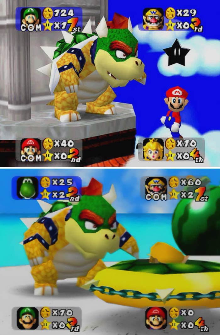 Retro video game scenes featuring classic characters Bowser, Mario, Peach, and Wario with scoreboards and bright backgrounds.