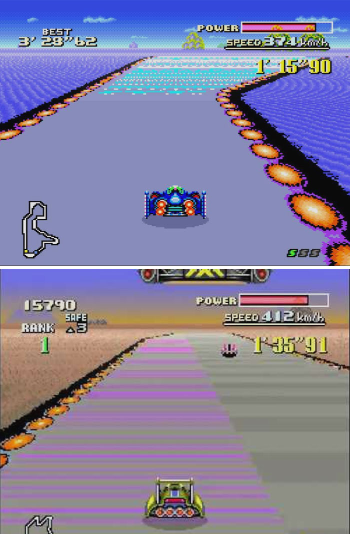 Retro video games racing scenes featuring futuristic cars on pixelated tracks with speed and power indicators.