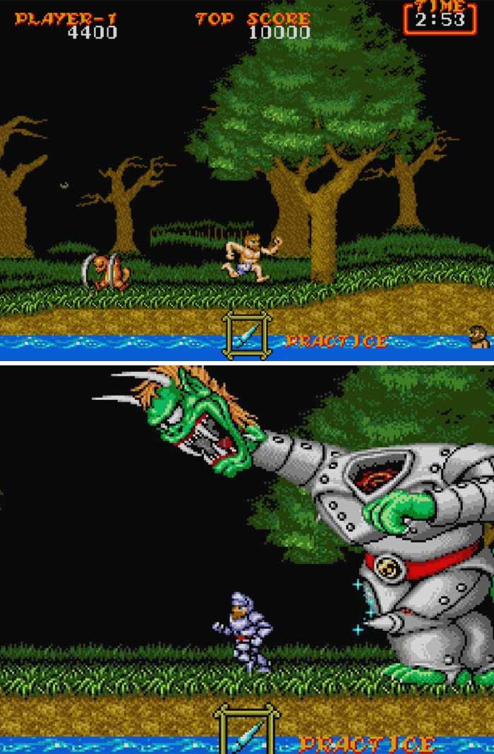 Retro video game screenshots showing pixel art characters and large boss characters in a forest setting.