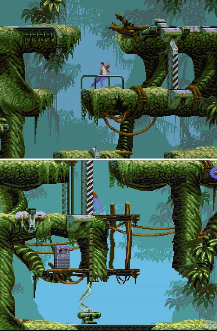 Pixelated retro video game jungle scene with platforms, ladders, and a character exploring the environment.
