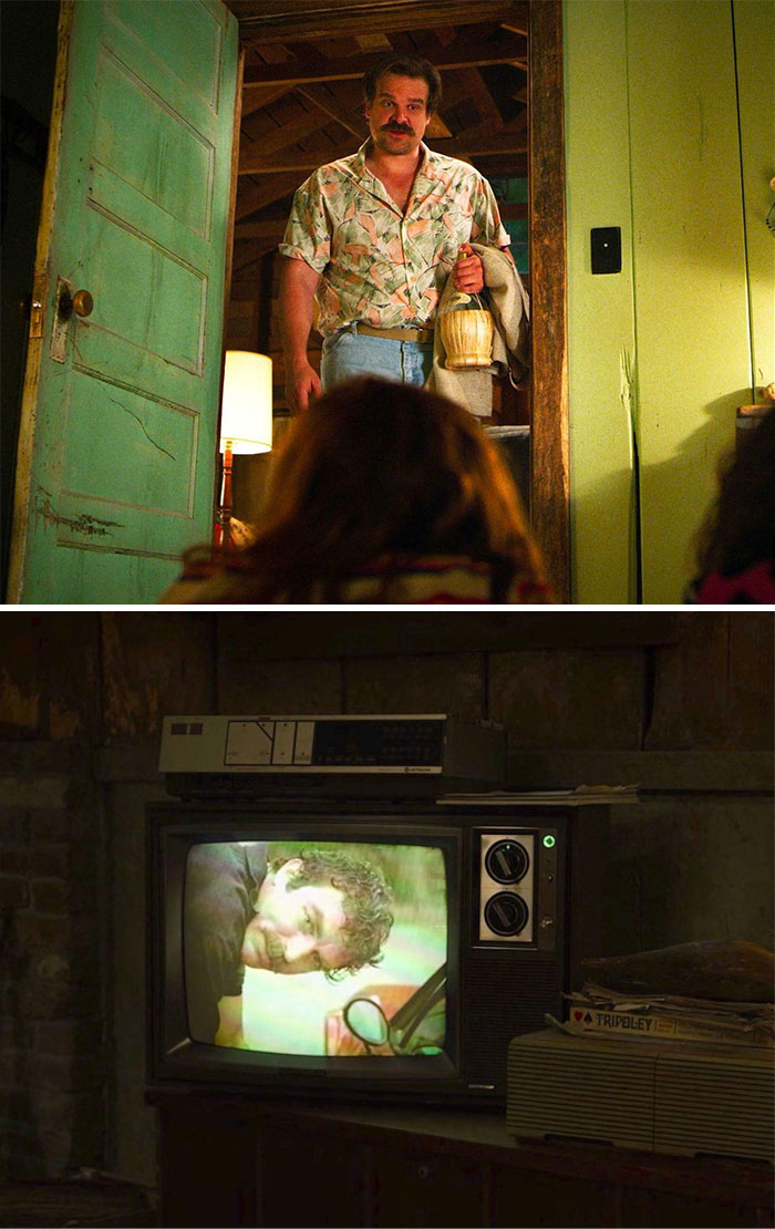In Stranger Things Season 3, The First Time We See Hopper He's Watching Magnum Pi - Which Has Clearly Influenced Him To Grow A Mustache And Later, To Ask His Assistant To Get Him A Very Specific Shirt (Which Tom Selleck Wears In The Show) For His Date With Joyce