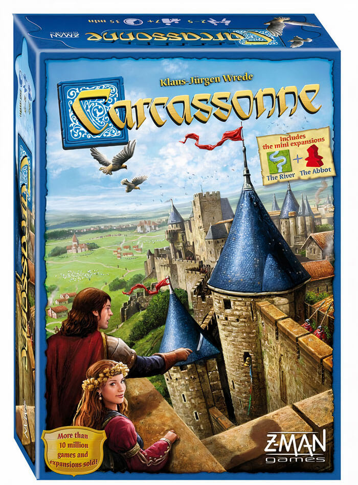Carcassonne board game box art featuring medieval castle and characters, a popular strategy board game for cozy evenings.
