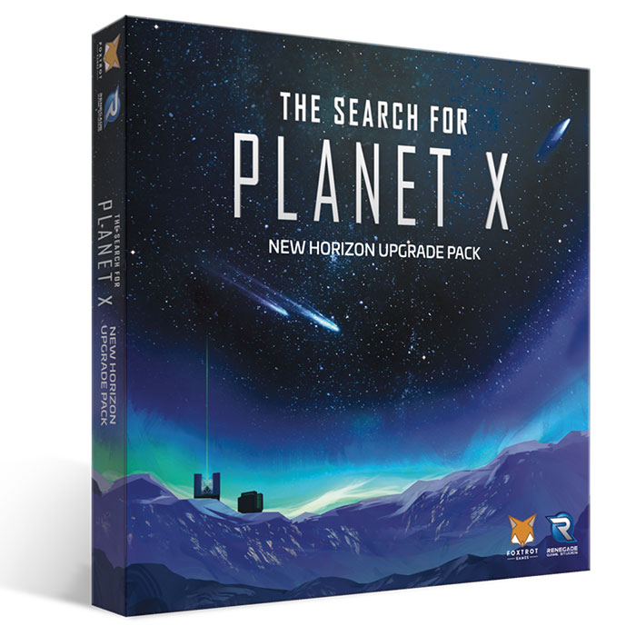 Strategy board game The Search for Planet X New Horizon upgrade pack with a cosmic night sky and mountain landscape design.