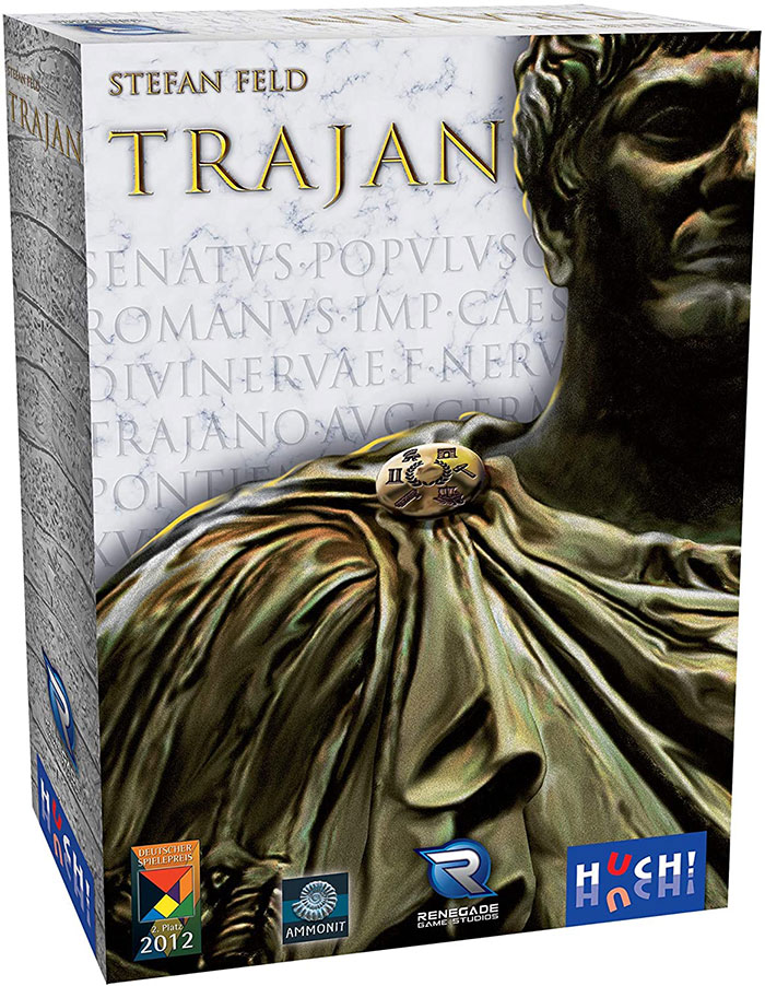 Strategy board game Trajan box featuring classical Roman statue and ancient text on marble background.
