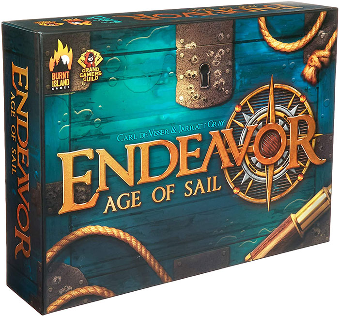 Endeavor Age of Sail strategy board game box showing nautical design and compass on teal wooden background.