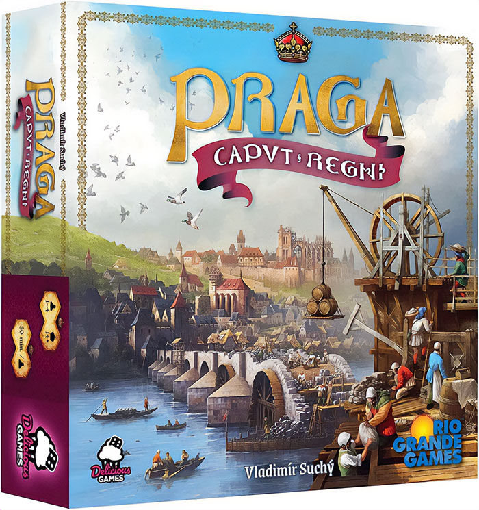 Praga strategy board game box art showing medieval city building scene with workers and riverboats.