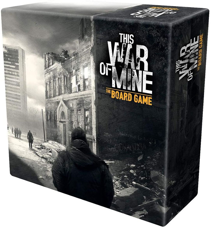 Box of the strategy board game This War of Mine with a dark, post-apocalyptic cityscape on the cover.