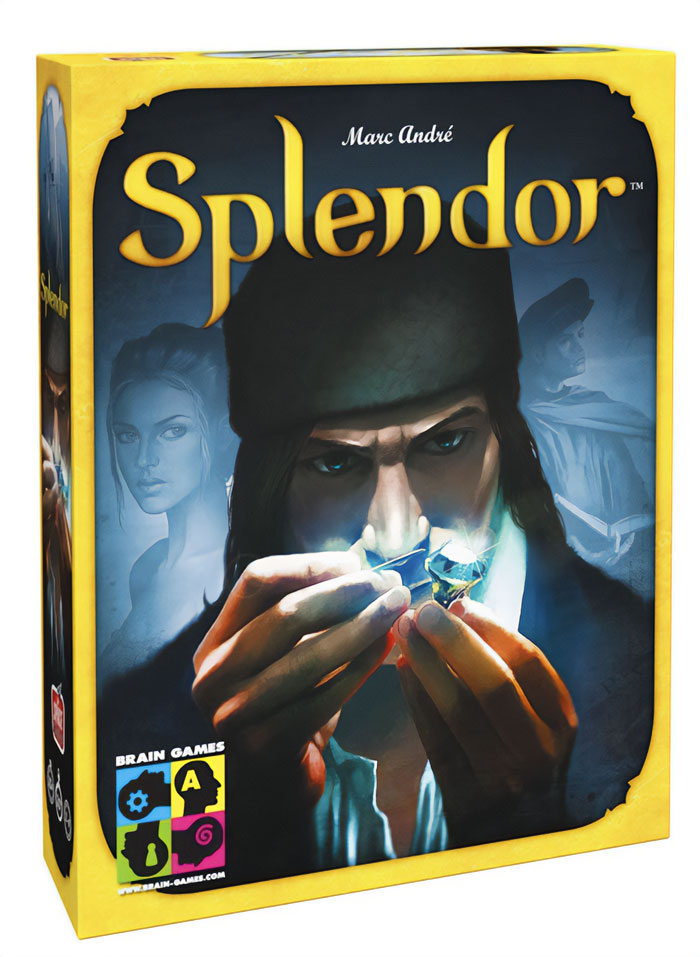 Box cover of the strategy board game Splendor showing a man examining a precious gemstone under soft light.
